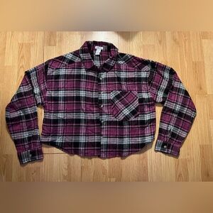 Pink and Black Plaid Cropped Button-Up Shirt